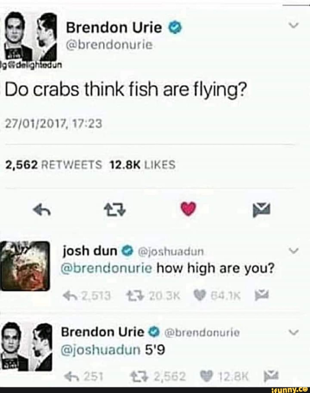 Brendon Urie @
'4 @brendonurie un
Do crabs think fish are flying?
23
2,562 RETWEETS 12.8K LIKES
josh dun @joshuadun
@brendonurie how high are you?
Brandon Urie @
@joshuadun 5'9