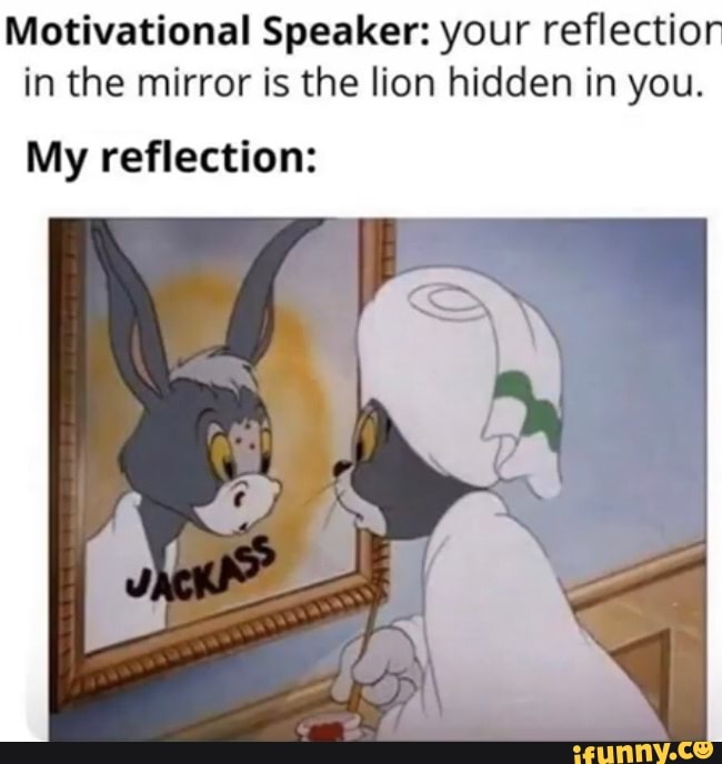 Motivational Speaker: your reflectio
in the mirror is the lion hidden in you.
My reflection: