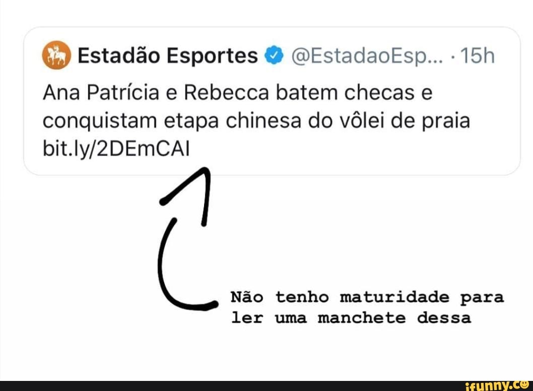 (O) Estadão Esportes QEstadaoEsp... -15h
Ana Patrícia e Rebecca batem checas e
conguistam etapa chinesa do vôlei de praia
ler uma manchete dessa