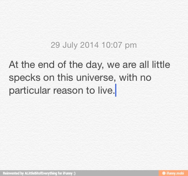 29 July 2014 10:07 pm
At the end of the day, we are all little
specks on this universe, with no
particular reason to live,