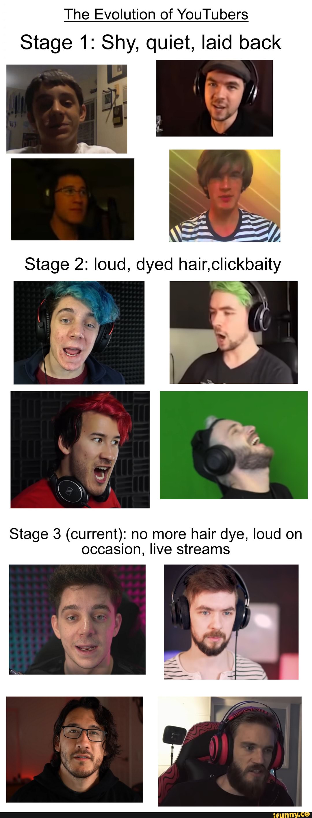 The Evolution of You Tubers
Stage 1: Shy, quiet, laid back
Stage 2: loud, dyed hair,clickloaity
Stage 3 (current): no occasion,
ive streams
Stage (current): no more hair dye, loud on