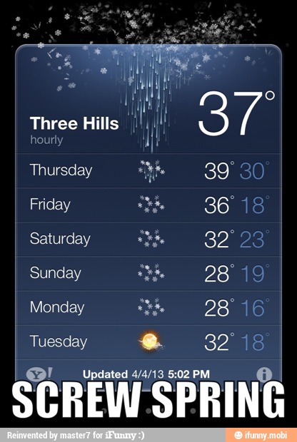Three Hills
Thursday 39
Saturday ahh 32
Updated 4/4/13 5:02 PM SCREW SPRING