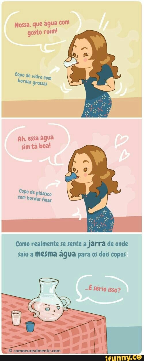 Nossa. que água com
gosto ruim!
com
bordas
grossas
Ah, essa água
sim tá boa!
prásti ico
Com bordas finas
Como realmente se sente a
jarra de onde
saiu a mesma água para os dois copos
-É Sério isso?
