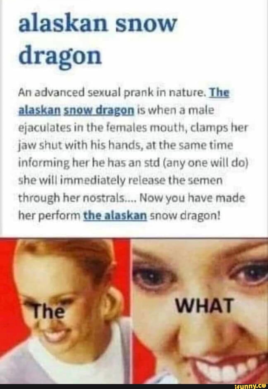 alaskan snow dragon
An advanced sexual prank in nature. The alaskan snow dragon is when a male ejaculates in the females mouth, clamps her jaw shut with his hands, at the same time informing her he has an std (any one will do) she will immediately release the semen through her nostrals.... Now you have made her perform the alaskan snow dragon!