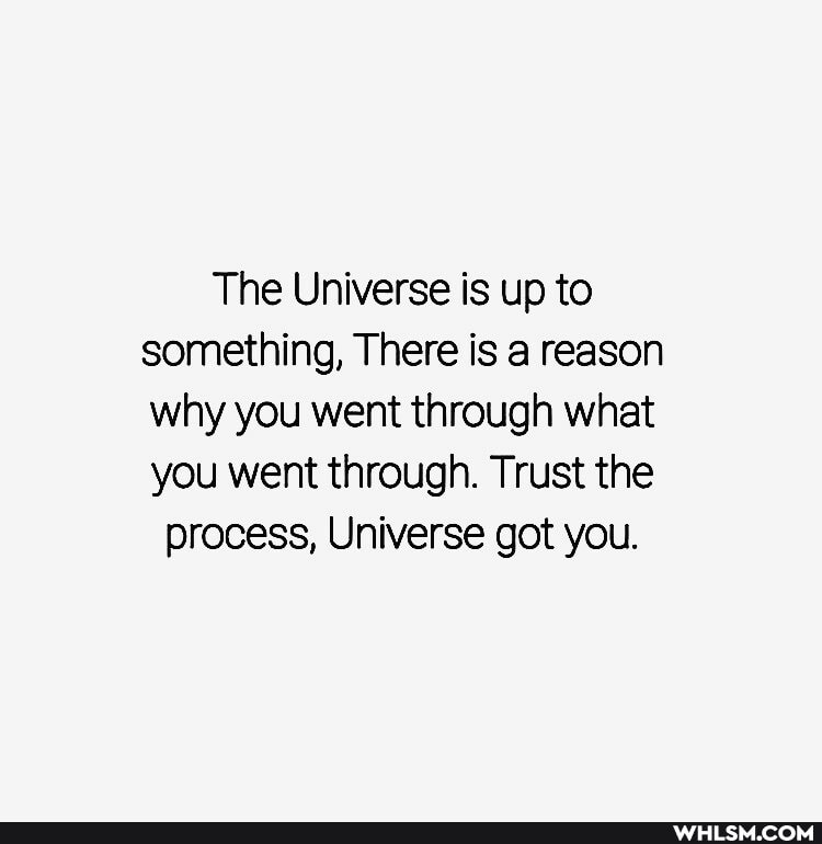 The Universe is up to something, There is a reason why you went through what you went through. Trust the
process, Universe got you.