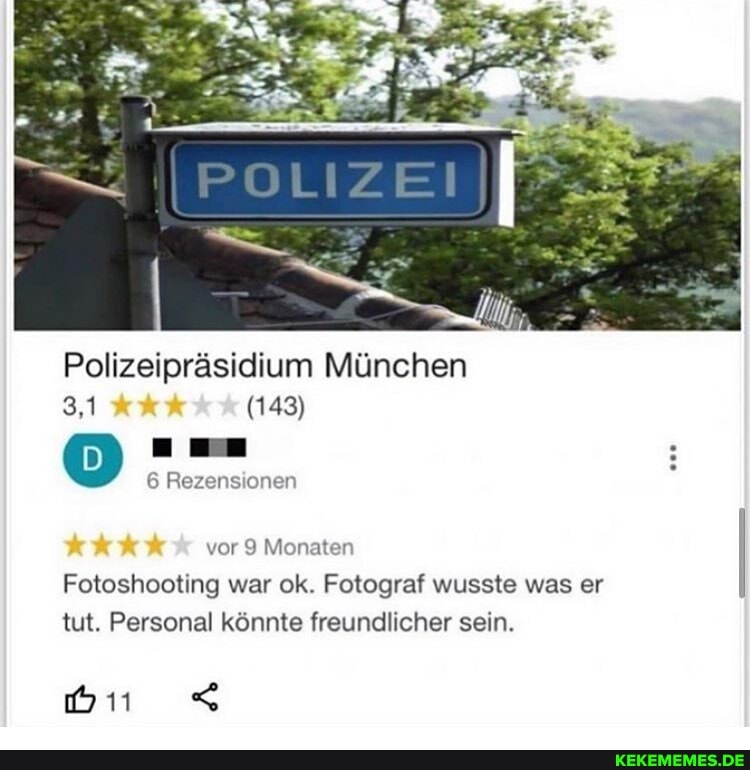 Polizeipräsidium München
3,1 (143)
6 Rezensionen
vor 9 Monaten
Fotoshooting war ok. Fotograf wusste was er tut. Personal könnte freundlicher sein.