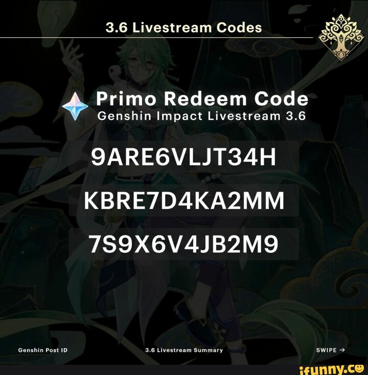 Genshin Impact codes from the version 3.6 livestream