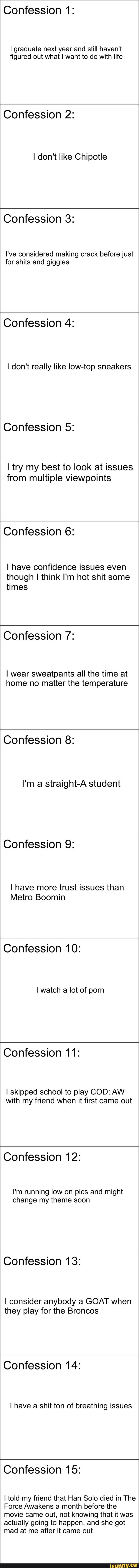 Confession 1:
I graduate next year and still haven't
figured out what I want to do with life
Confession 2:
I don't like Chipotle
Confession 3:
I've considered making crack before just
for shits and giggles