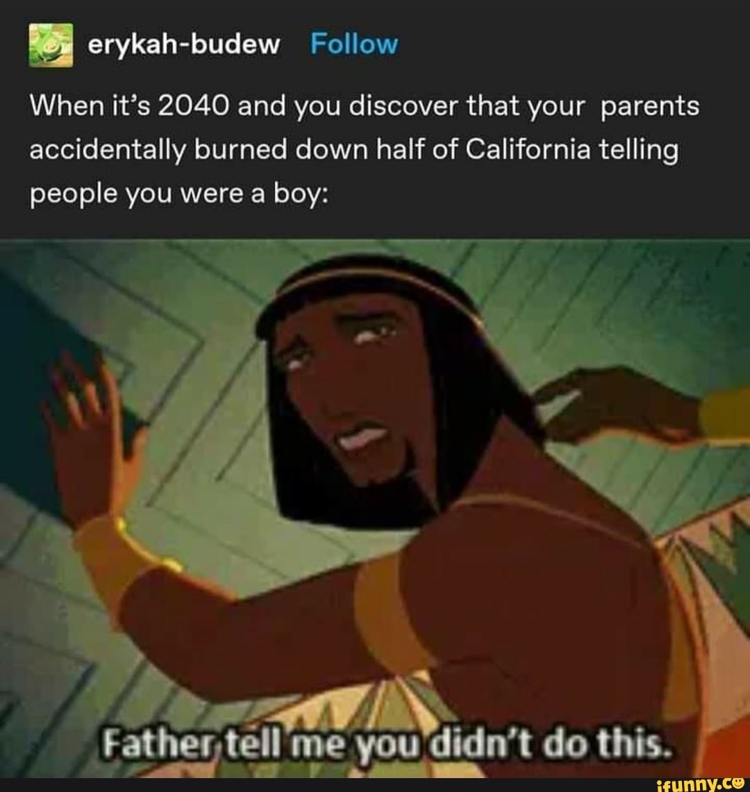 When it's 2040 and you discover that your parents accidentally burned down half of California telling people you were a boy:
Father tell me you didn't do this.