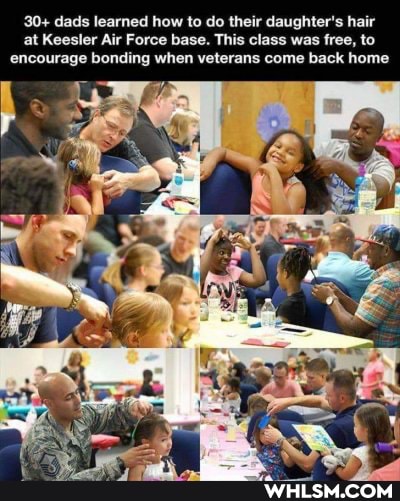 30+ dads learned how to do their daughter's hair at Keesler Air Force base. This class was free, to encourage bonding when veterans come back home