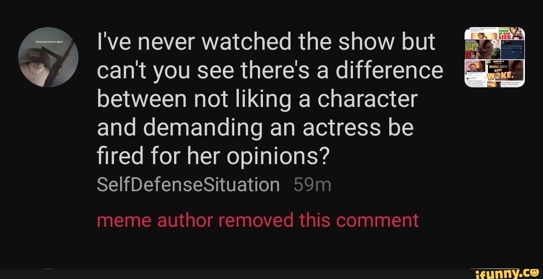 I've never watched the show but can't you see there's a difference
between not liking a character and demanding an actress be fired for her opinions?
SelfDefenseSituation
meme author removed this comment