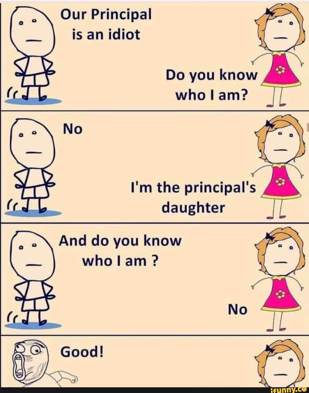 Our Principal
is an idiot
Do you know
who lam?
I'm the
Mae
daughter