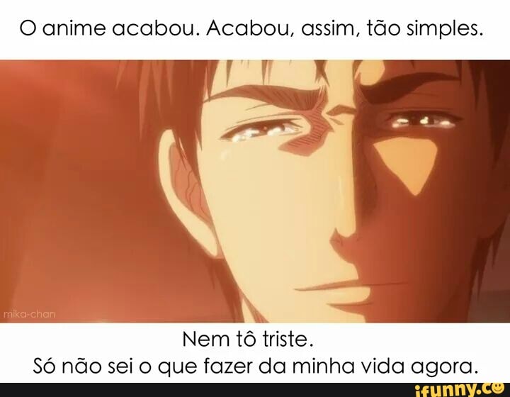 O anime acabou. Acabou, assim, tão simples.
Nem tô triste.
Só não sei o que fazer da minha vida agora.