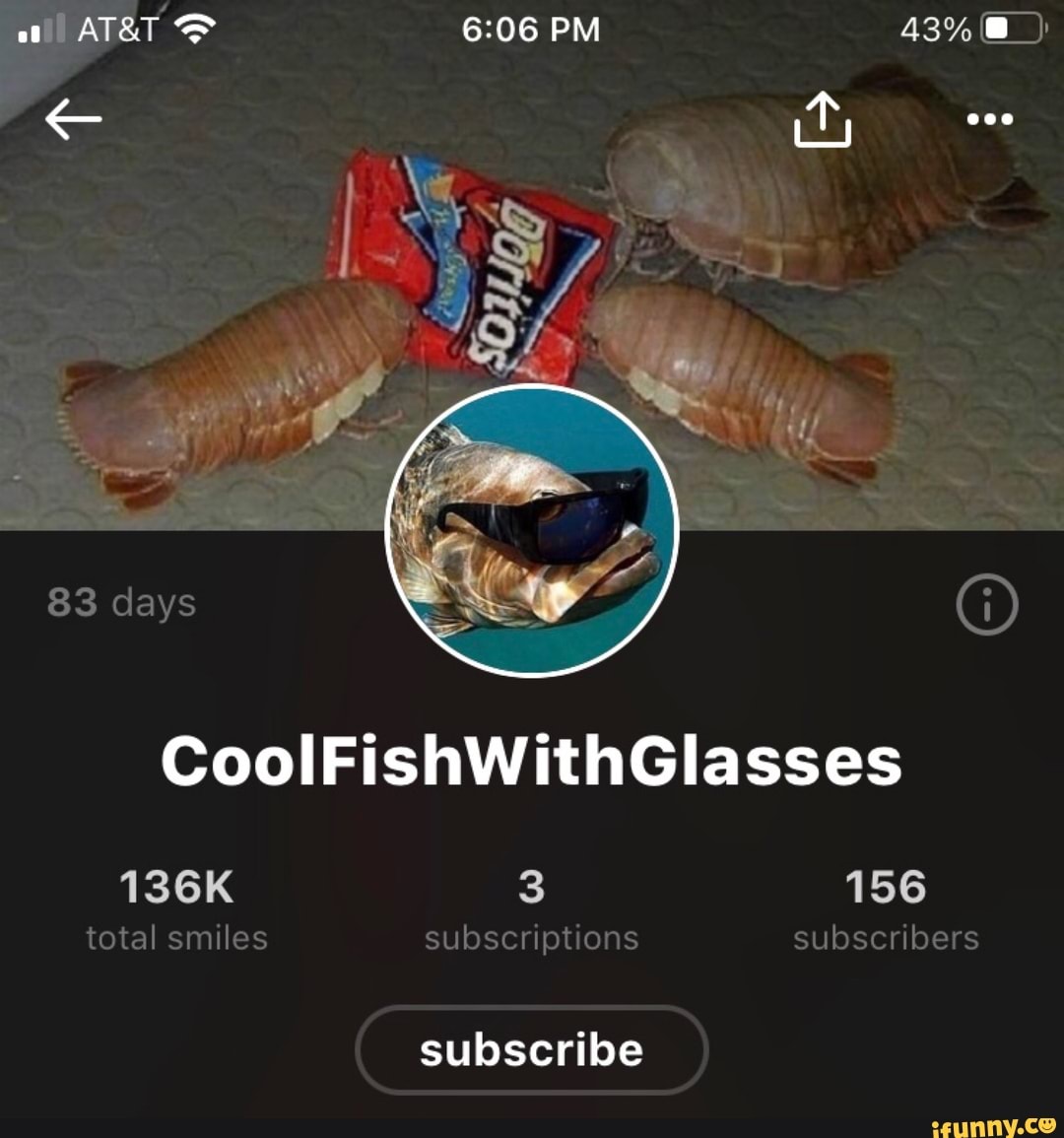 PM
83 days
CoollFishwithGlasses
136K 3 156
total smiles subscriptions subscribers
subscribe
