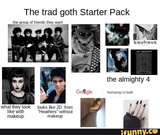 The trad goth Starter Pack
the group of friends they want
bauhaus
the almighty 4
hairspray in bulk
4 44 what they look looks like JD from
like with "Heathers" without makeup makeup