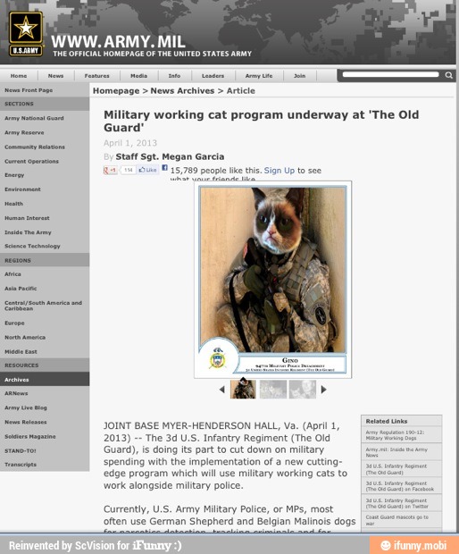 pa Homepage News Archives Article
g cat program underway at 'The Old
NE
amora
Guard), is doing fts part to cut down on military
as
spending with the implementation of a new cutting-
edge program which will use military working cats to
TS
Currently, U.S. Army Military Police, or MPs, most
often use German Shepherd and Belgian Malinois dogs