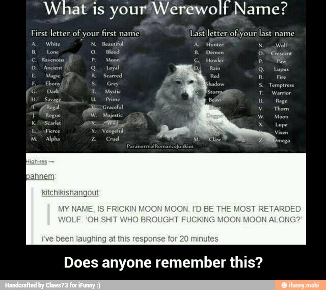What is your' Werewolt Name?
Does anyone remember this? - Does anyone remember this?