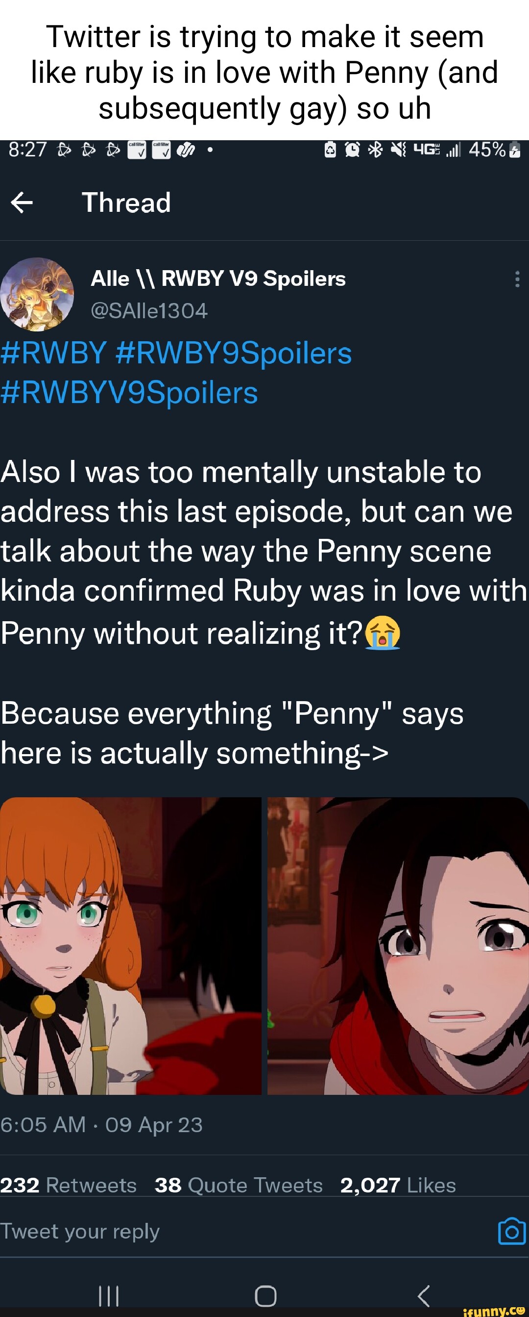 Twitter is trying to make it seem like ruby is in love with Penny (and  subsequently gay) so uh < Thread Alle RWBY Spoilers @SAlle1304 #RWBY  #RWBY9Spoilers HRWBYV9Spoilers Also I was too