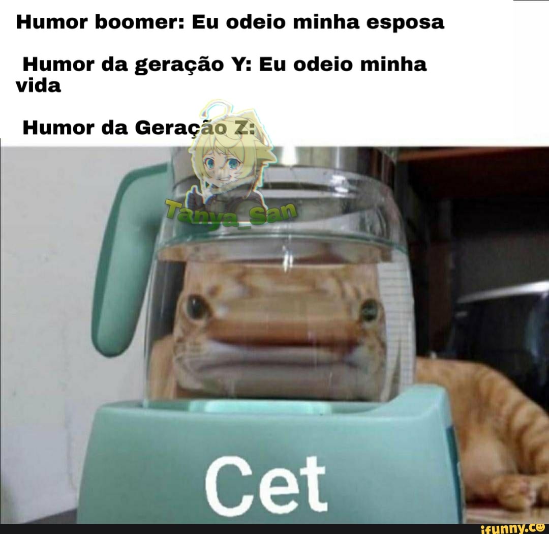 Humor boomer: Eu odeio minha esposa
Humor da geração Y: Eu odeio minha vida
Humor da Geração Z:
