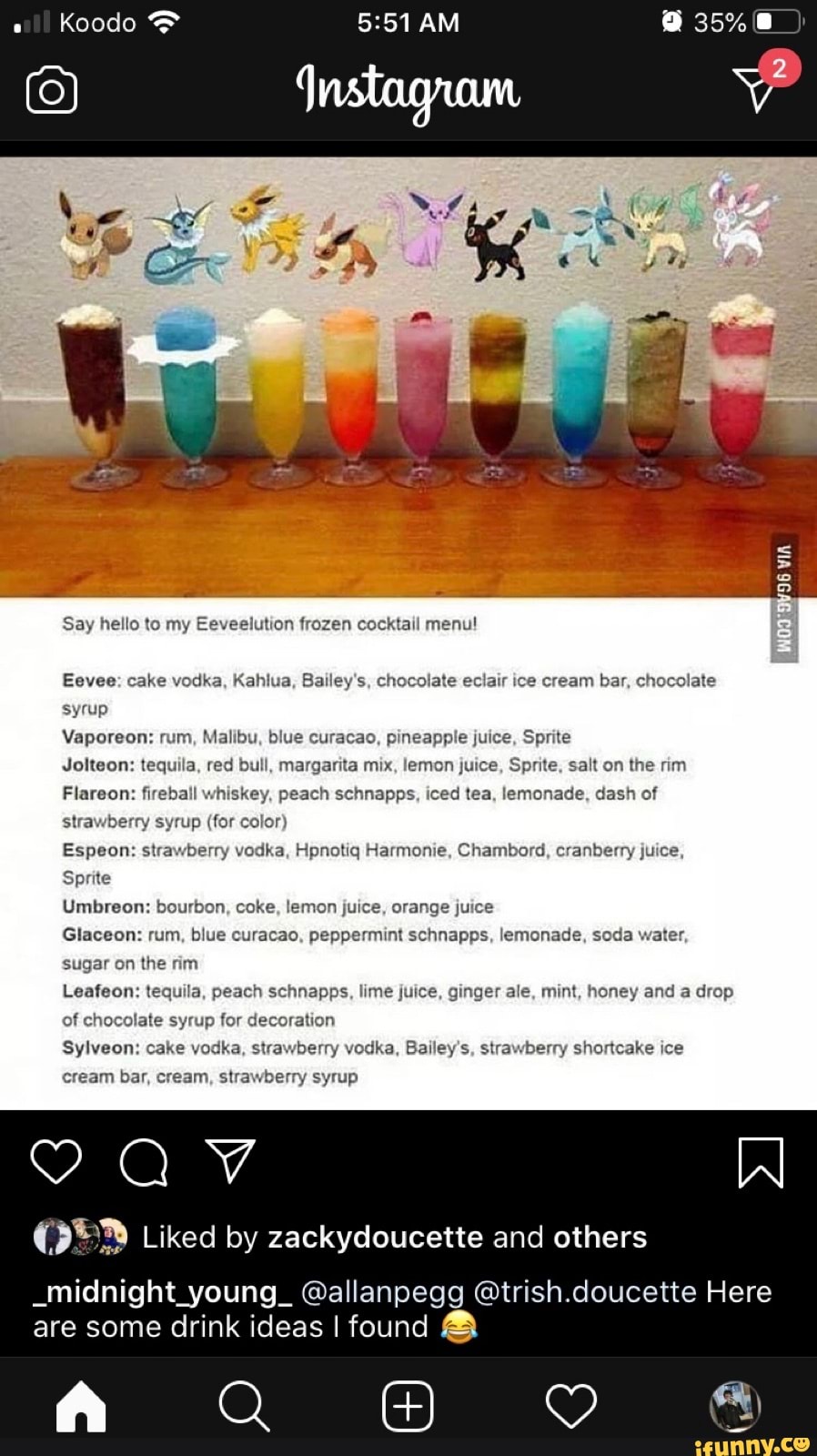 Say hello to my Eeveelution frozen cocktail menu! Eevee: cake vodka