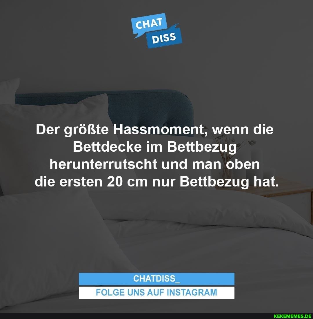 Der größte Hassmoment, wenn die
Bettdecke im Bettbezug herunterrutscht und man oben die ersten 20 cm nur Bettbezug hat.
CHATDISS_
FOLGE UNS AUF INSTAGRAM