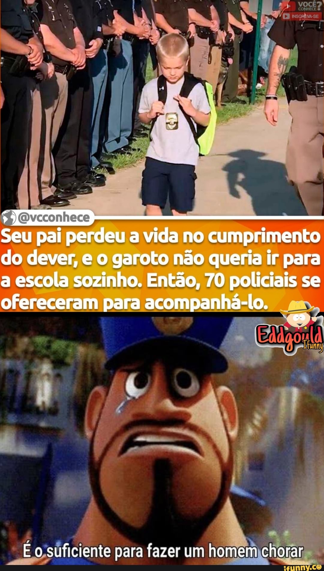 Evcconhece
Seu pai perdeu a vida no cumprimento do dever, e o garoto não queria ir para a escola sozinho. Então, 70 policiais se ofereceram para acompanhá-lo. am,
o suficiente para fazer um homem chorar