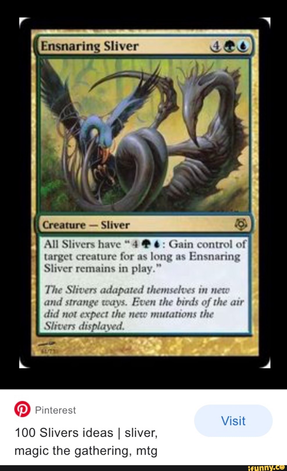 Ensnaring Sliver
Creature - Sliver
All Slivers have "4 @ Gain control of target creature for as long as Ensnaring
Sliver remains in play."
The Slivers adapated themselves in neu and strange ways. Even the birds of the at did not expect the newo mutations the
Slivers displayed
@ Pinterest
100 Slivers ideas I sliver, magic the gathering, mtg
Visit