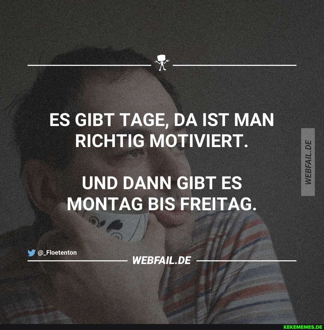 ES GIBT TAGE, DA IST MAN RICHTIG MOTIVIERT.
UND DANN GIBT ES MONTAG BIS FREITAG.
@&_Floetenton
WEBFAIL.DE