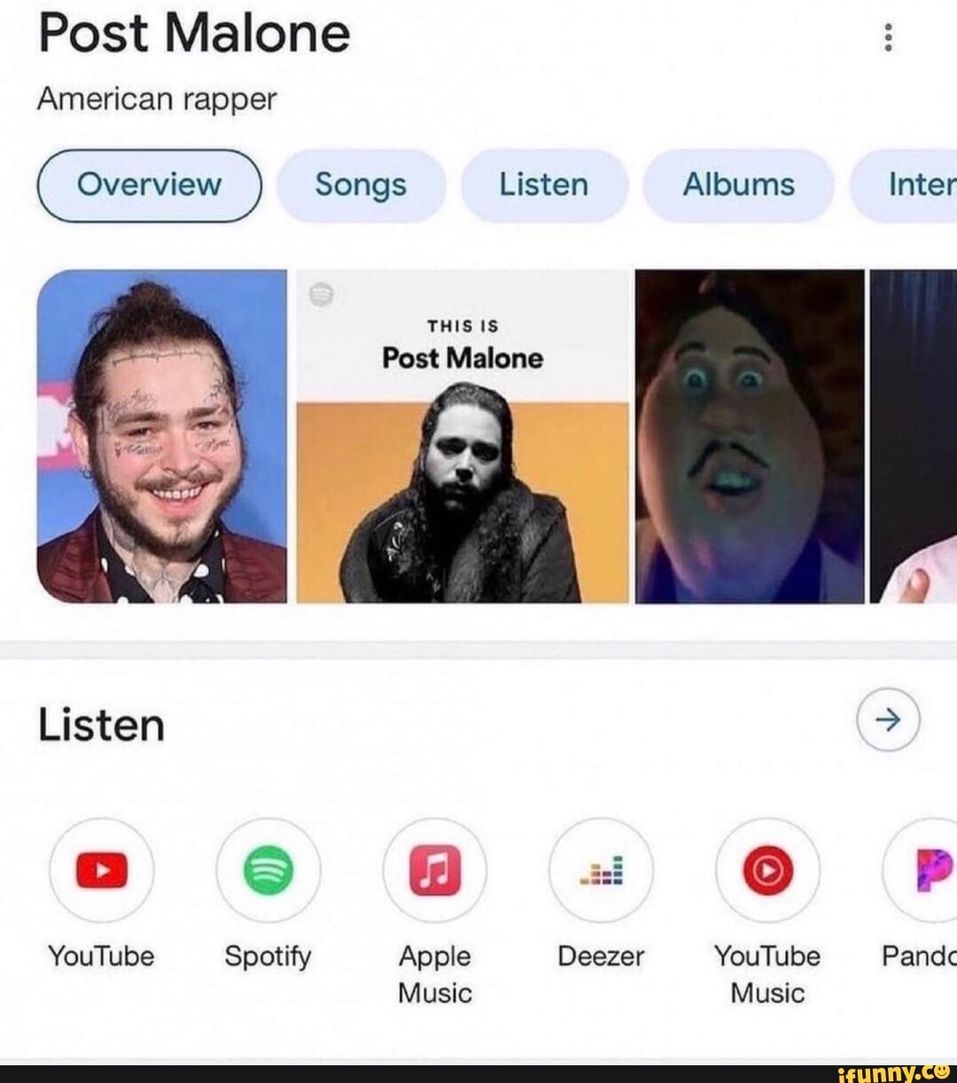 Post Malone
American rapper
Songs Listen Albums Inter
THIS IS
Post Malone
Listen
YouTube Spotify Apple Deezer YouTube Pandc
Music Music