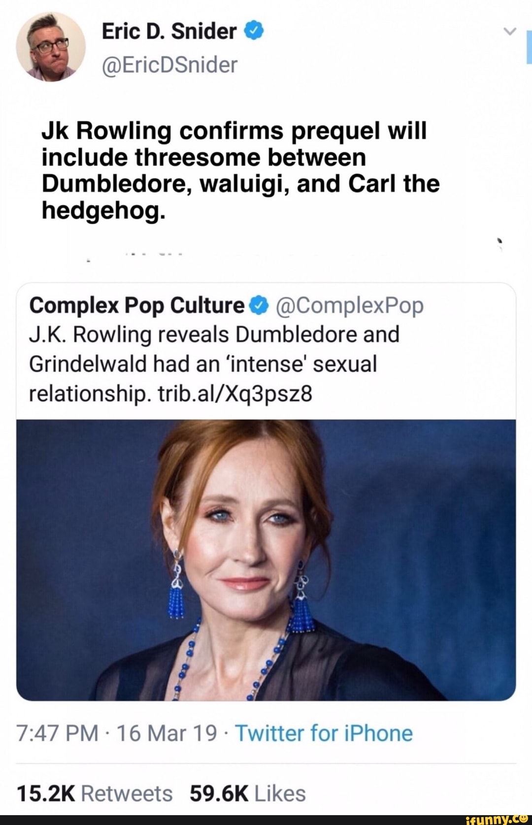 Jk Rowling Confirms Prequel Will Include Threesome Between Dumbledore Waluigi And Carl The