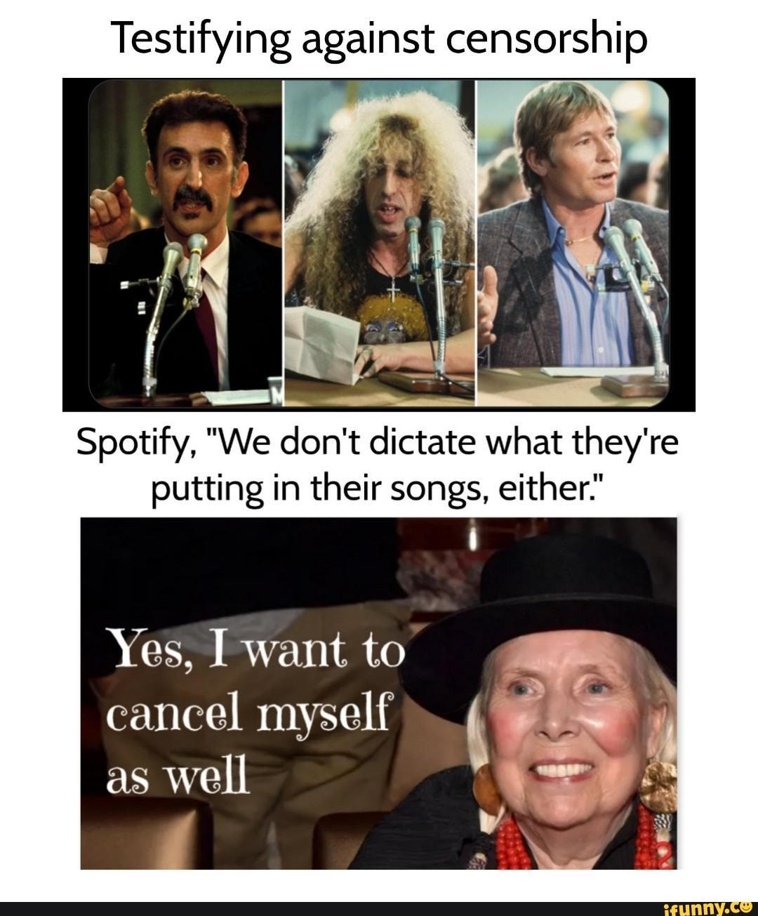 Testifying against censorship Spotify, "We don't dictate what they're