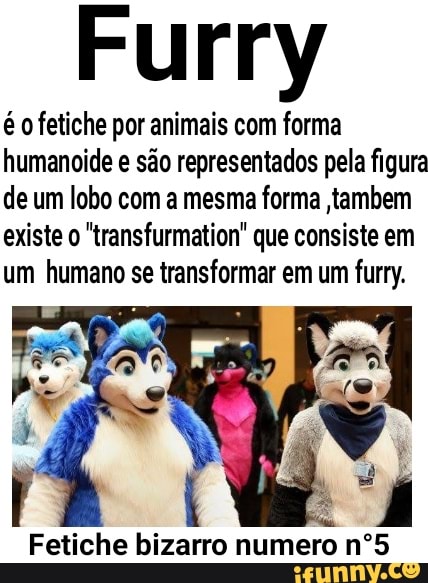 é o fetiche por animais com forma humanoide e são representados pela figura de um lobo com a mesma forma tambem existe "transfurmation" que consiste em um humano se transformar em um furry.
Fetiche bizarro numero