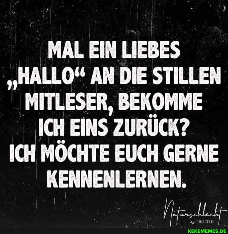 MAL EIN LIEBES
"HALLO" AN DIE STILLEN MITLESER, BEKOMME ICH EINS ZURÜCK?
ICH MÖCHTE EUCH GERNE
KENNENLERNEN,