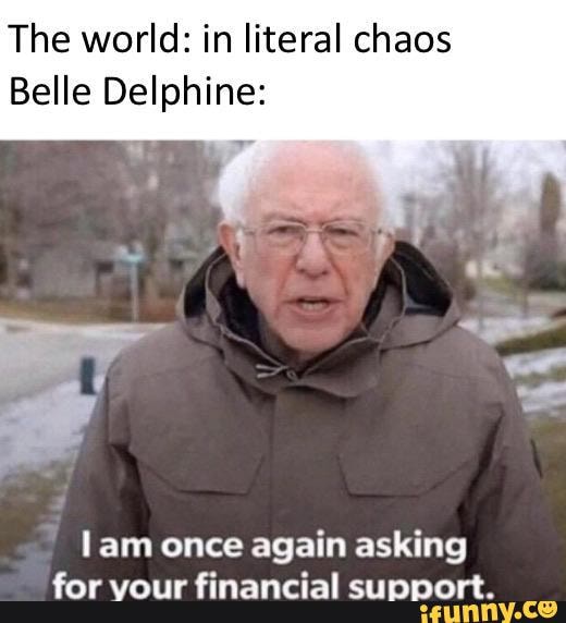 The world: in literal chaos
Belle Delphine:
lam once again asking
for vour financial support.
