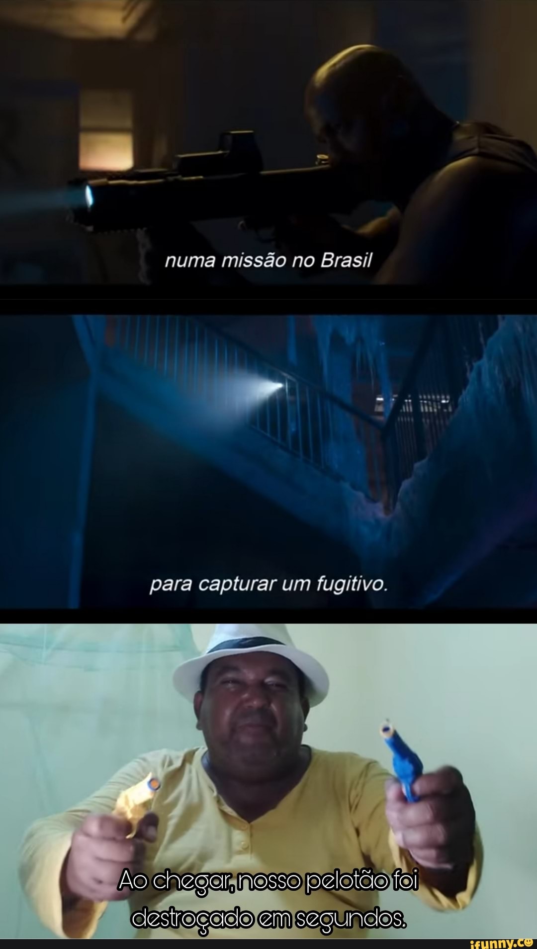 numa missão no Brasil
para capturar um fugitivo.
Ão chegar, nosso pelotão
destroçado em segundos.
