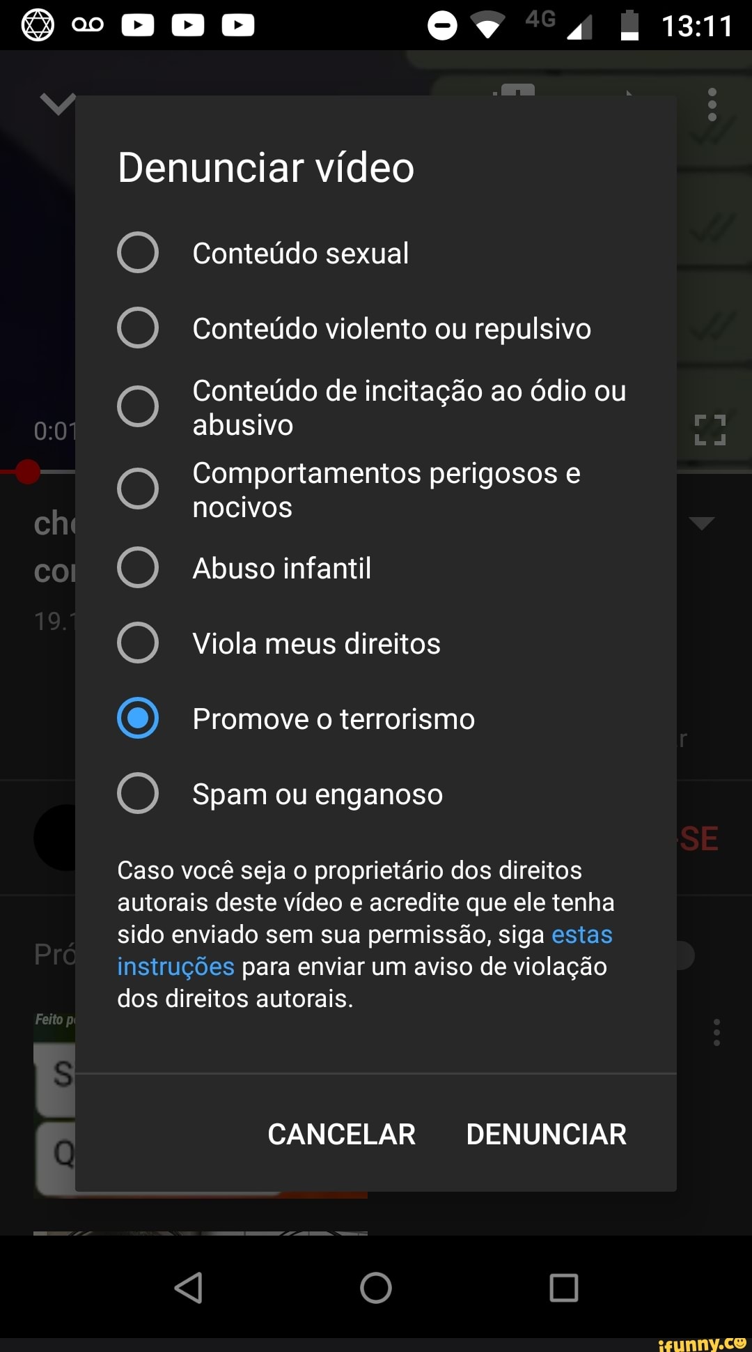 Denunciar video
Conteúdo violento ou repulsivo
Conteúdo de incitação ao ódio ou
abusivo
Comportamentos perigosos e
nocivos
ORONO
ORO
ORORe
Spam
Caso você seja o proprietário dos direitos
autorais deste vídeo e acredite que ele tenha
sido enviado sem sua permissão, siga estas
instruções para enviar um aviso de violação
dos direitos autorais.
CANCELAR DENUNCIAR