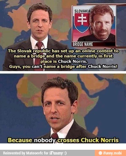 The Slovak
epubic has set up an
online contest to)
name a
bridge/and the name currently in first
place is Chuck Norris.
Guys, you can't name
a
bridge after Chuck No!
