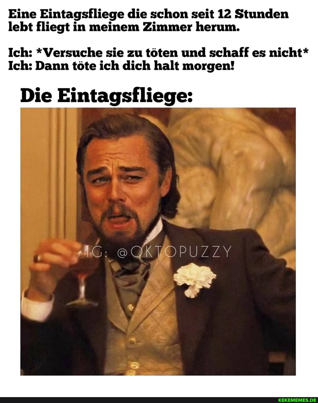 Eine Eintagsfliege die schon seit 12 Stunden lebt fliegt in meinem Zimmer herum.
Ich: *Versuche sie zu töten und schaff es nicht*
Ich: Dann töte ich dich halt morgen!
Die Eintagsfliege:
