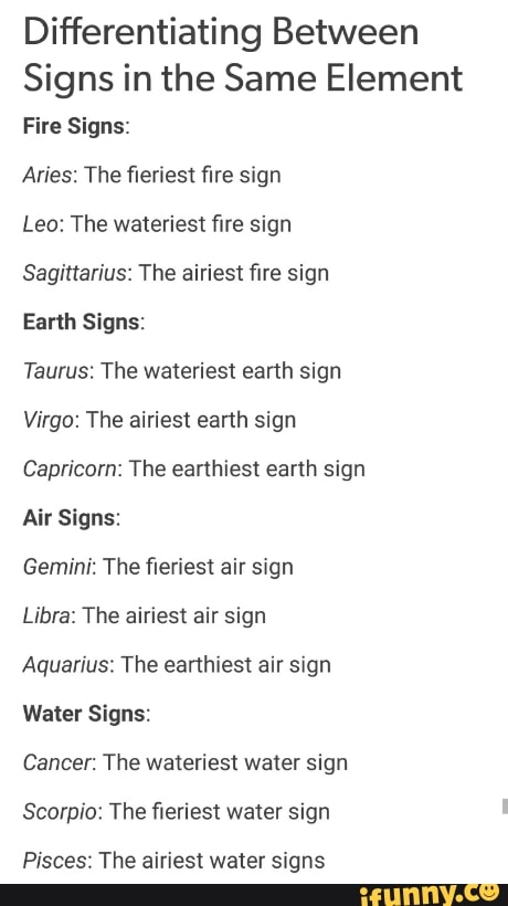 Differentiating Between Signs In The Same Element Fire Signs Aries The Fleriest ﬁre Sign Leo The Wateriest ﬁre Sign Sagittarius The Airiest ﬁre Sign Earth Signs Taurus The Wateriest Eanh Sign Virgo