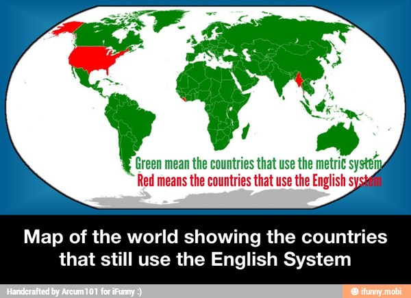Green mean the countries that use the metric systety Red means the countries that use the English s
Map of the world showing the countries
that still use the English System - Map of the world showing the countries that still use the English System