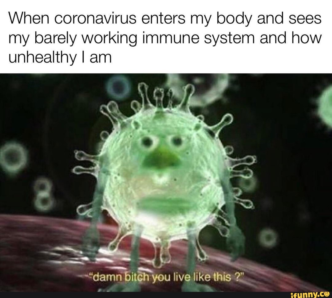 When coronavirus enters my body and sees
my barely working immune system and how
unhealthy I am
bién you like thig: 2"