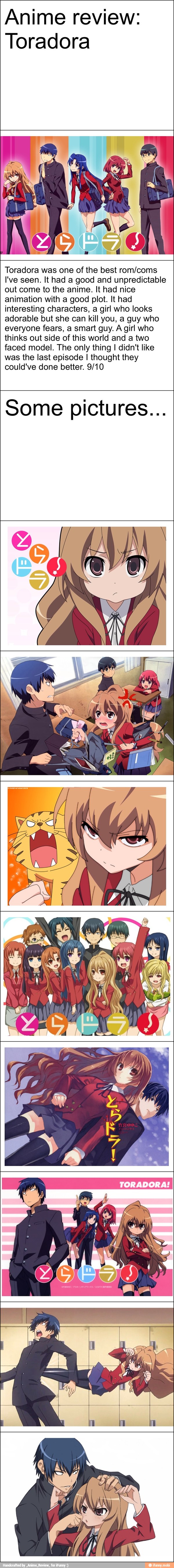 Anime review:
Toradora
Toradora was one of the best rom/coms
I've seen. It had a good and unpredictable
out come to the anime. It had nice
animation with a good plot. It had
interesting characters, a girl who looks
adorable but she can kill you, a guy who
everyone fears, a smart guy. A girl who
thinks out side of this world and a two
faced model. The only thing I didn't like
