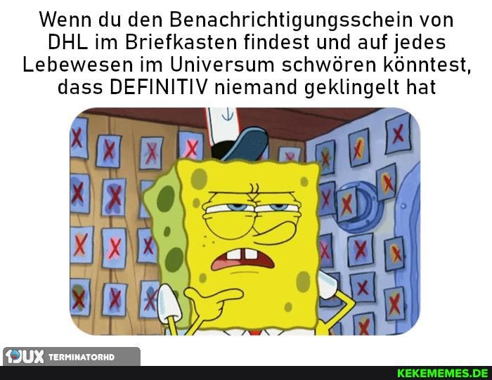 Wenn du den Benachrichtigungsschein von
DHL im Briefkasten findest und auf jedes
Lebewesen im Universum schwören könntest, dass DEFINITIV niemand geklingelt hat