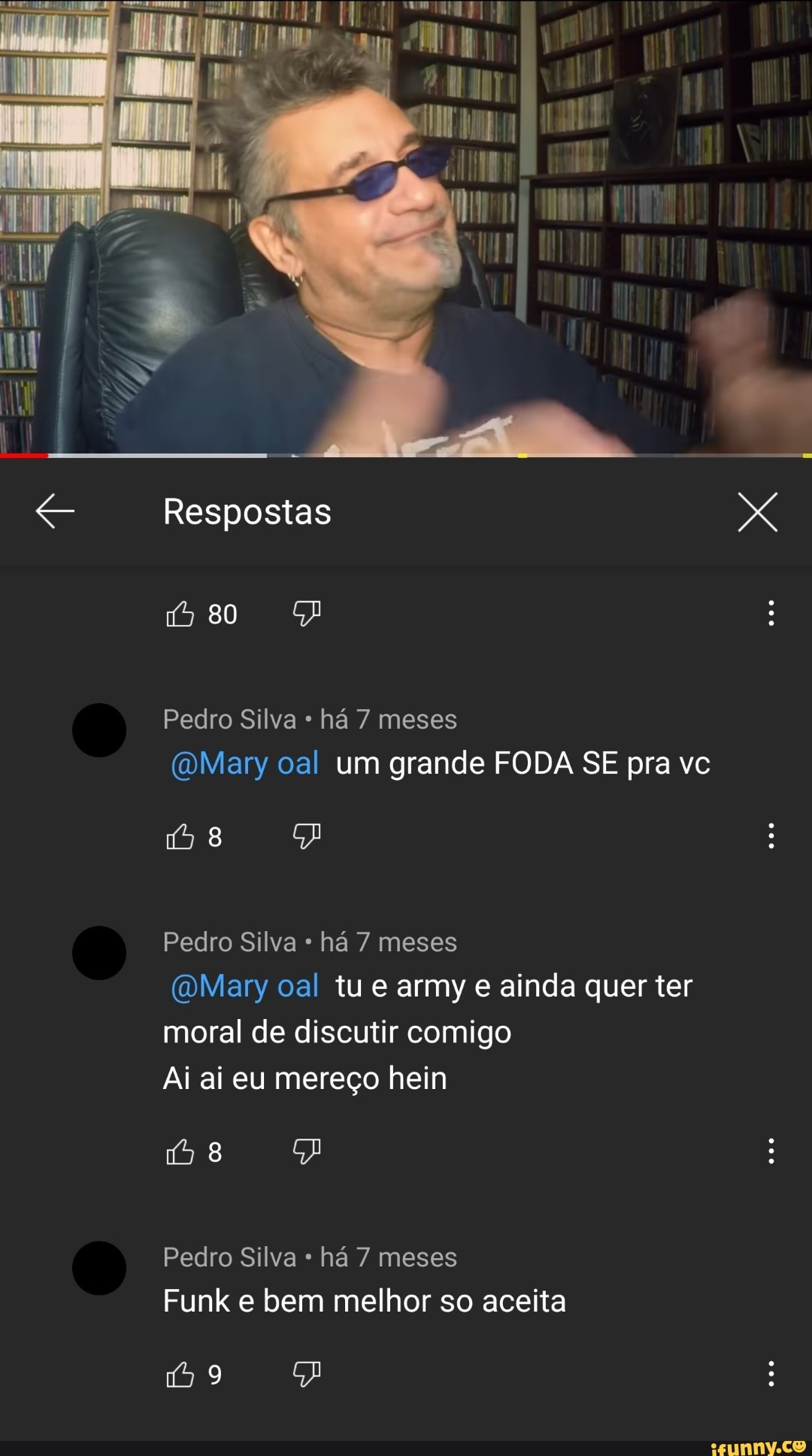 Respostas
80
Pedro Silva há 7 meses
(DMary oal um grande FODA SE pra vc
Pedro Silva há 7 meses
(DMary oal tu e army e ainda quer ter moral de discutir comigo
Ai ai eu mereço hein
Pedro Silva há 7 meses
Funk e bem melhor so aceita