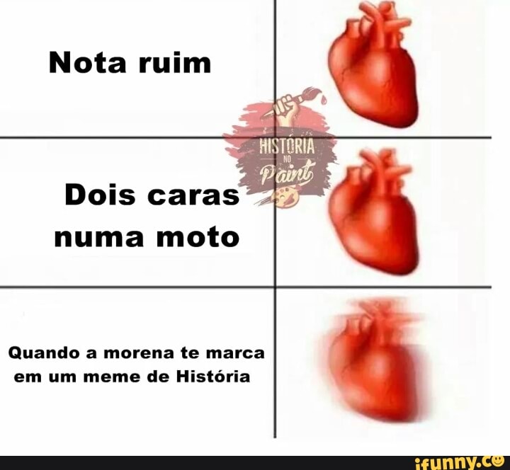 Nota ruim
AA
Dois caras numa moto
Quando a morena te marca
em um meme de História