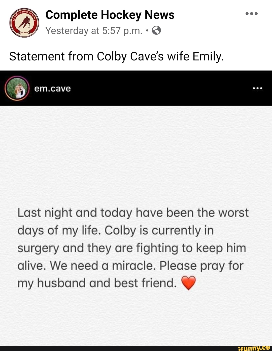 À Complete Hockey News Da Statement From Colby Caves Wife Emily Last Night And Today Have Been 