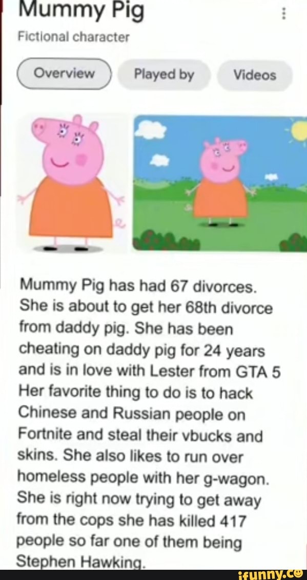 Mummy Pig Fictional character Played by Mummy Pig has had 67 divorces