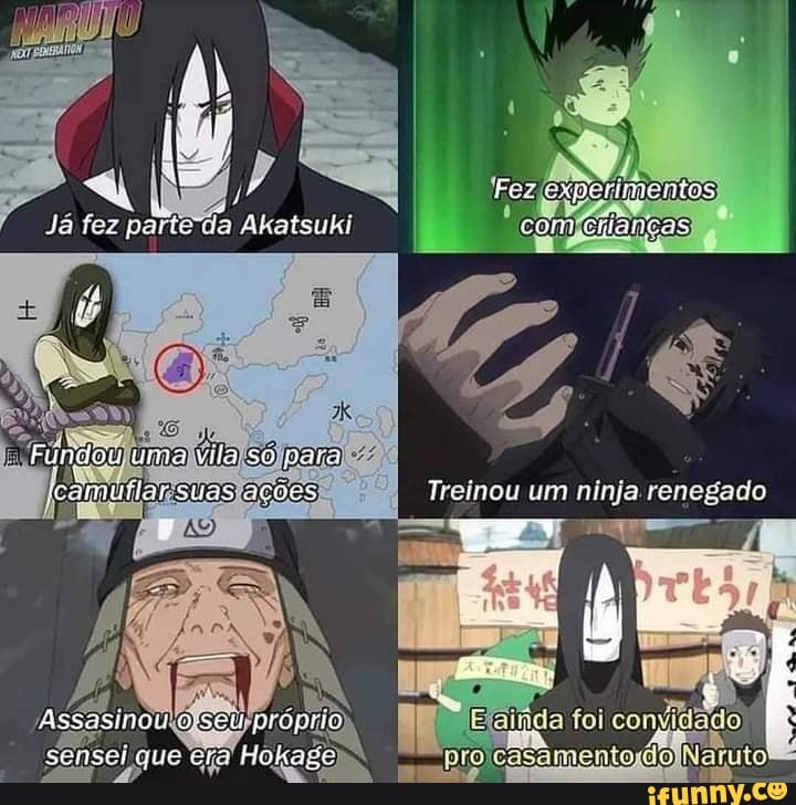 rimentos
Com Shoncas
Akatsuki
Fundou uma vila so para icamuílar suas inotr tum ninia ren
foi convidado
As
sensci que cra Hokago