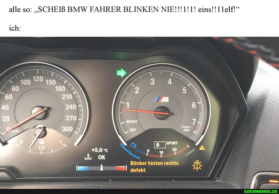 alle so: "SCHEIß BMW FAHRER BLINKEN NIE!!! eins!!
ich:
Blinker hinten rechts defekt