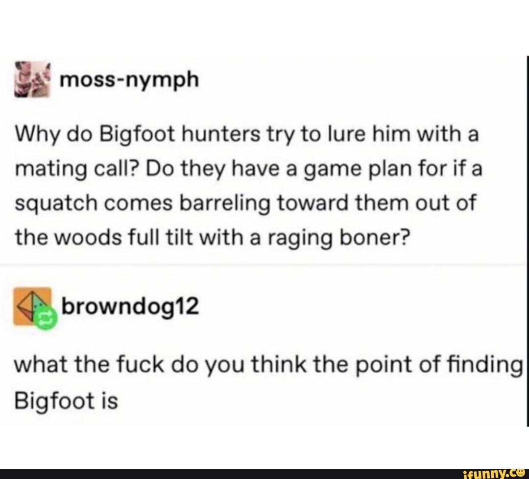 Why do Bigfoot hunters try to lure him with a mating call? Do they have a game plan for if a squatch comes barreling toward them out of the woods full tilt with a raging boner?
what the fuck do you think the point of finding
Bigfoot is